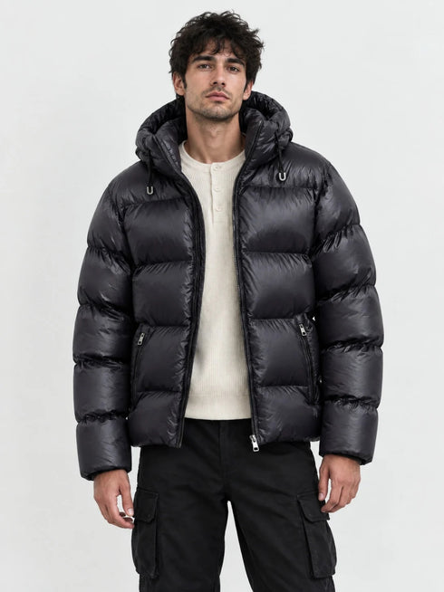 Shiny Quilted Hooded Puffer Jacket - μπροστά